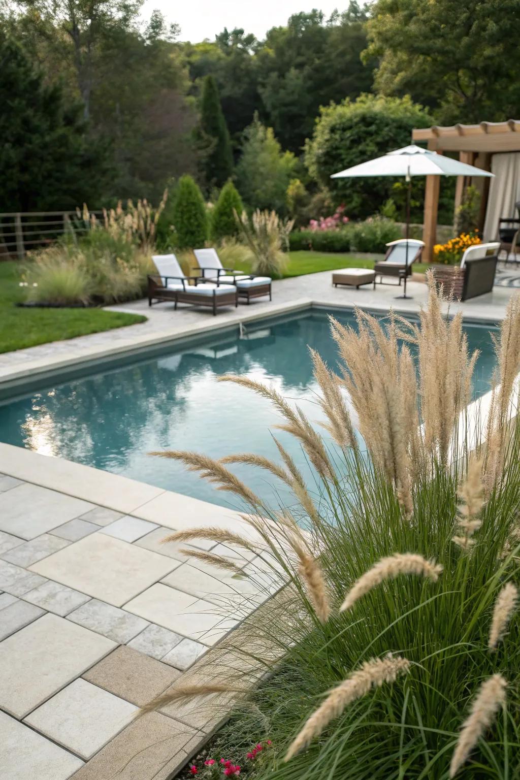 Ornamental grasses offer a chic and low-maintenance poolside look.