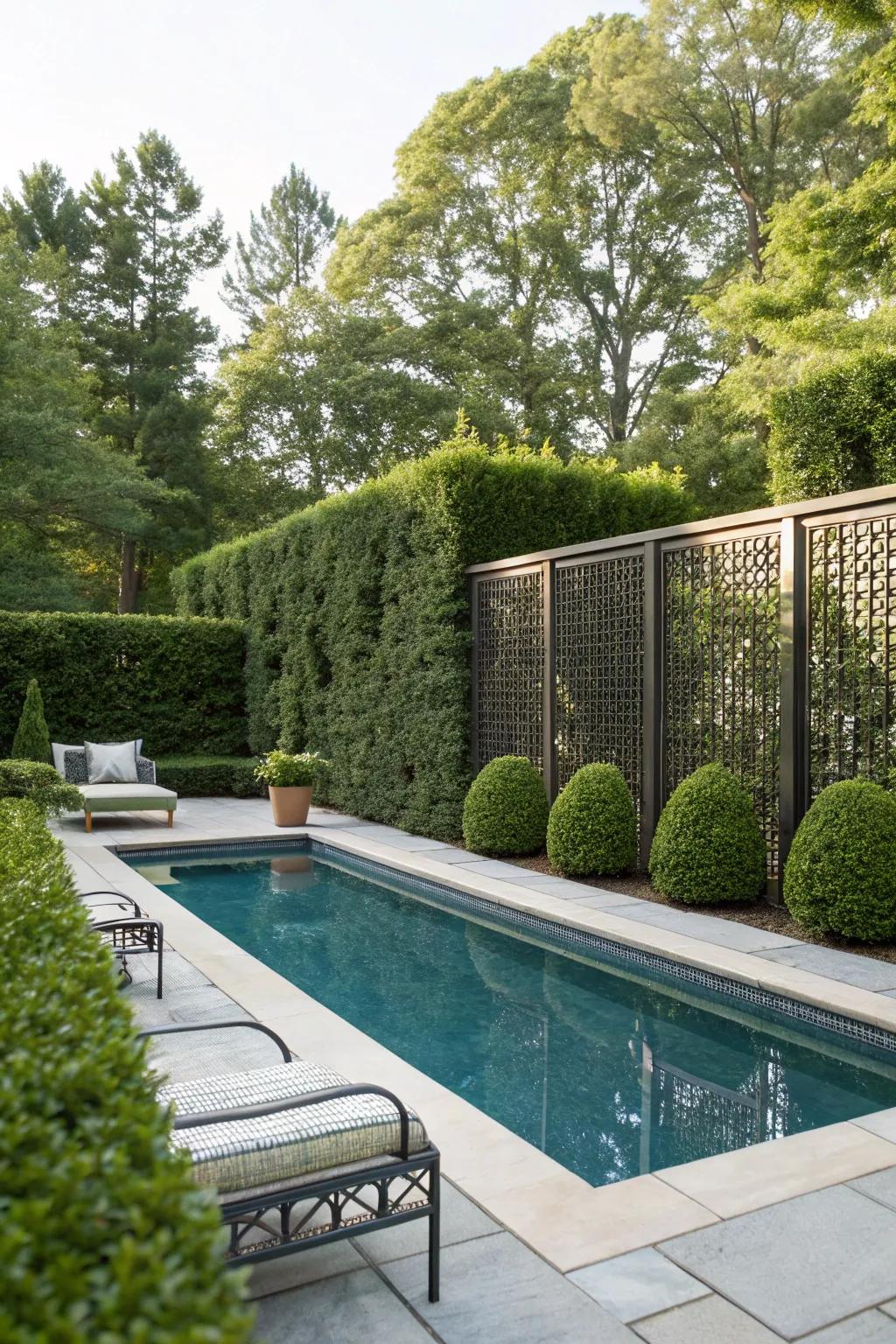 Privacy screens provide seclusion and enhance the pool's aesthetic.