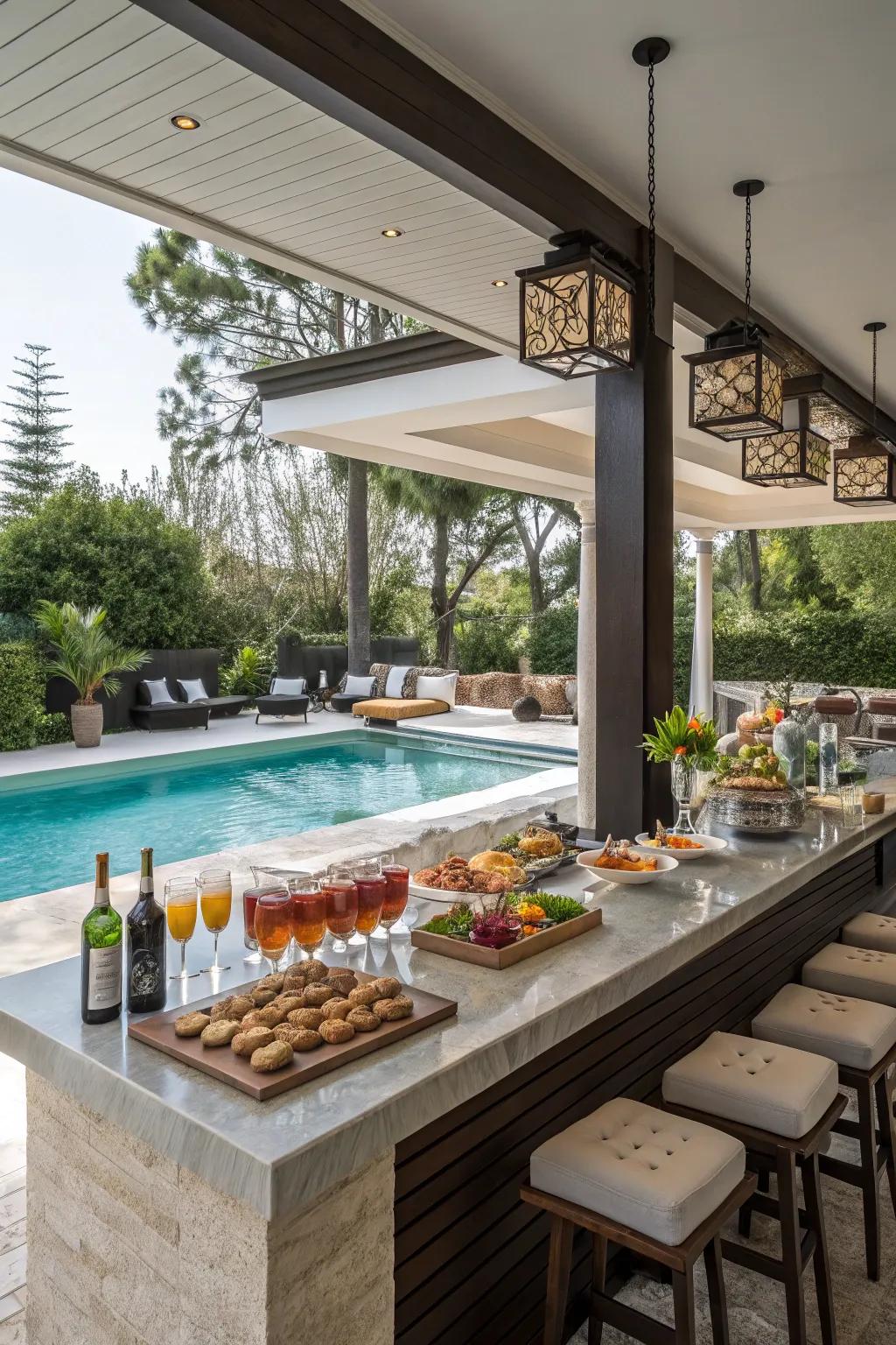 A bar counter adds a touch of hospitality to your pool house.