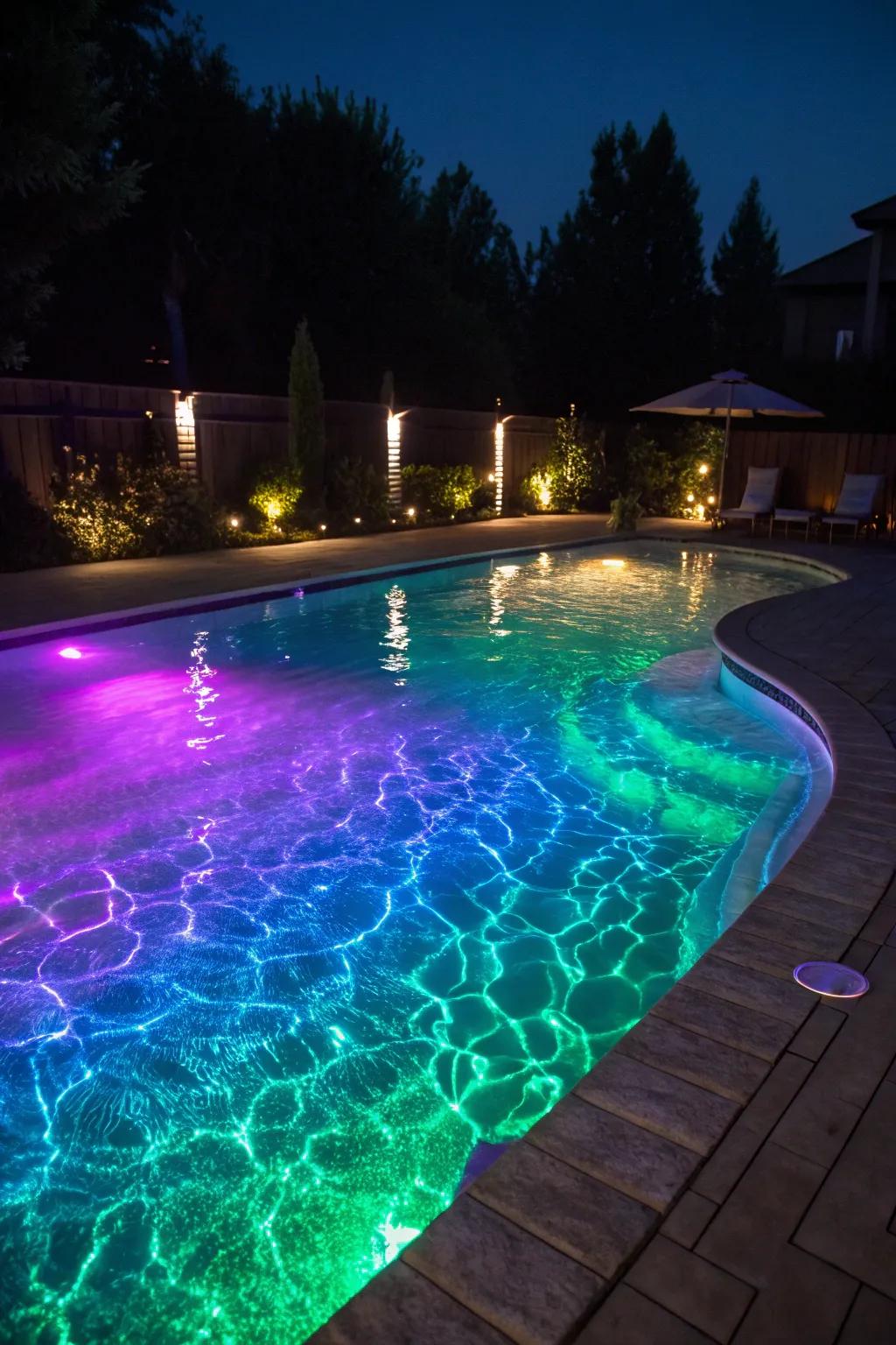 A pool glowing with vibrant underwater lights, creating a magical evening ambiance.
