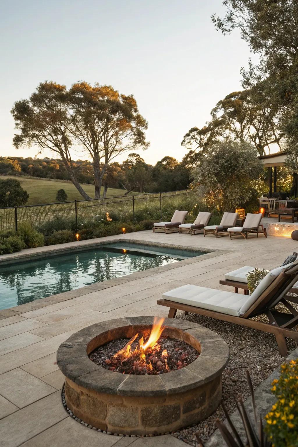 Warm up your evenings with a cozy fire pit by the pool.