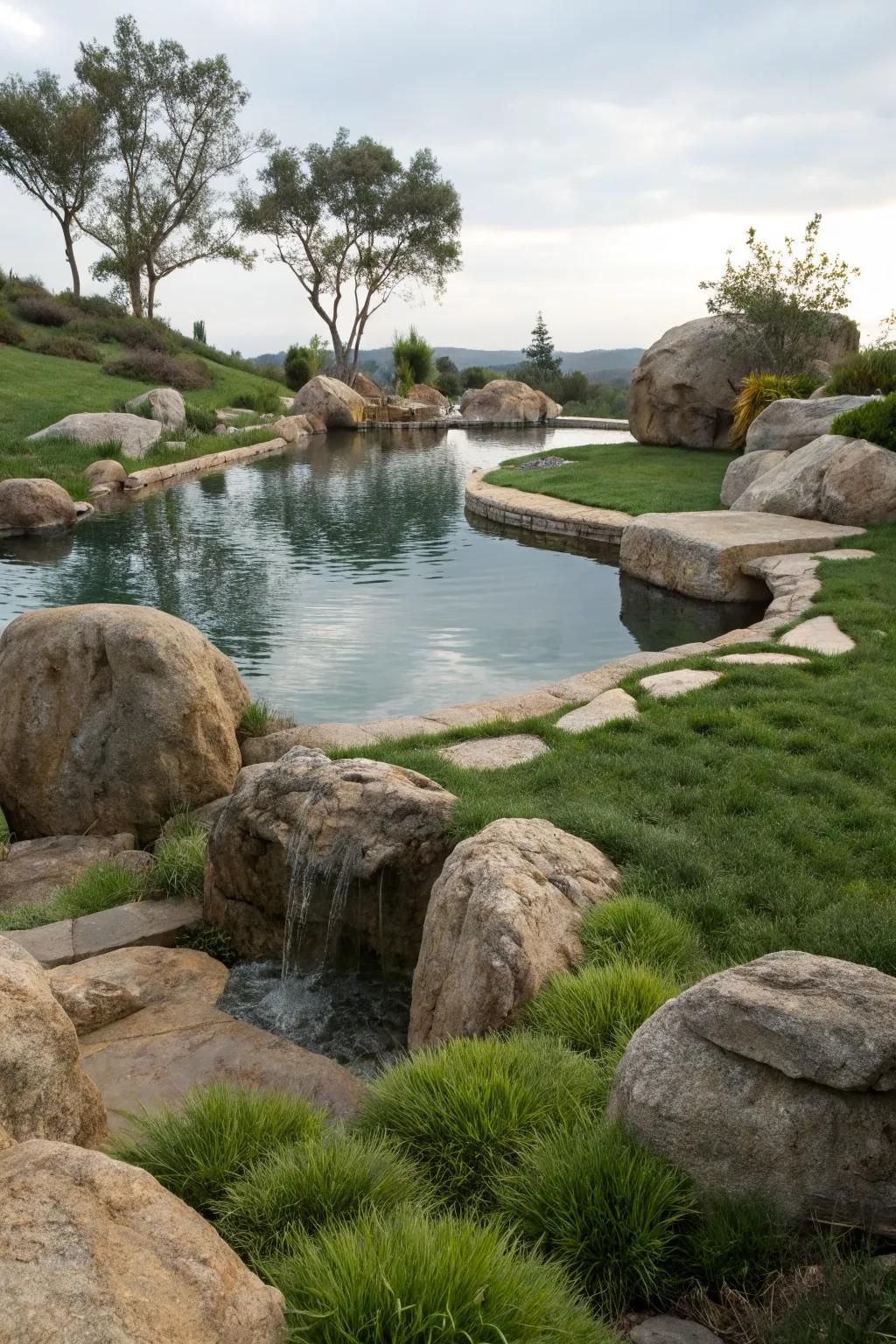 Grass and rocks combine for a soft, inviting poolside landscape.