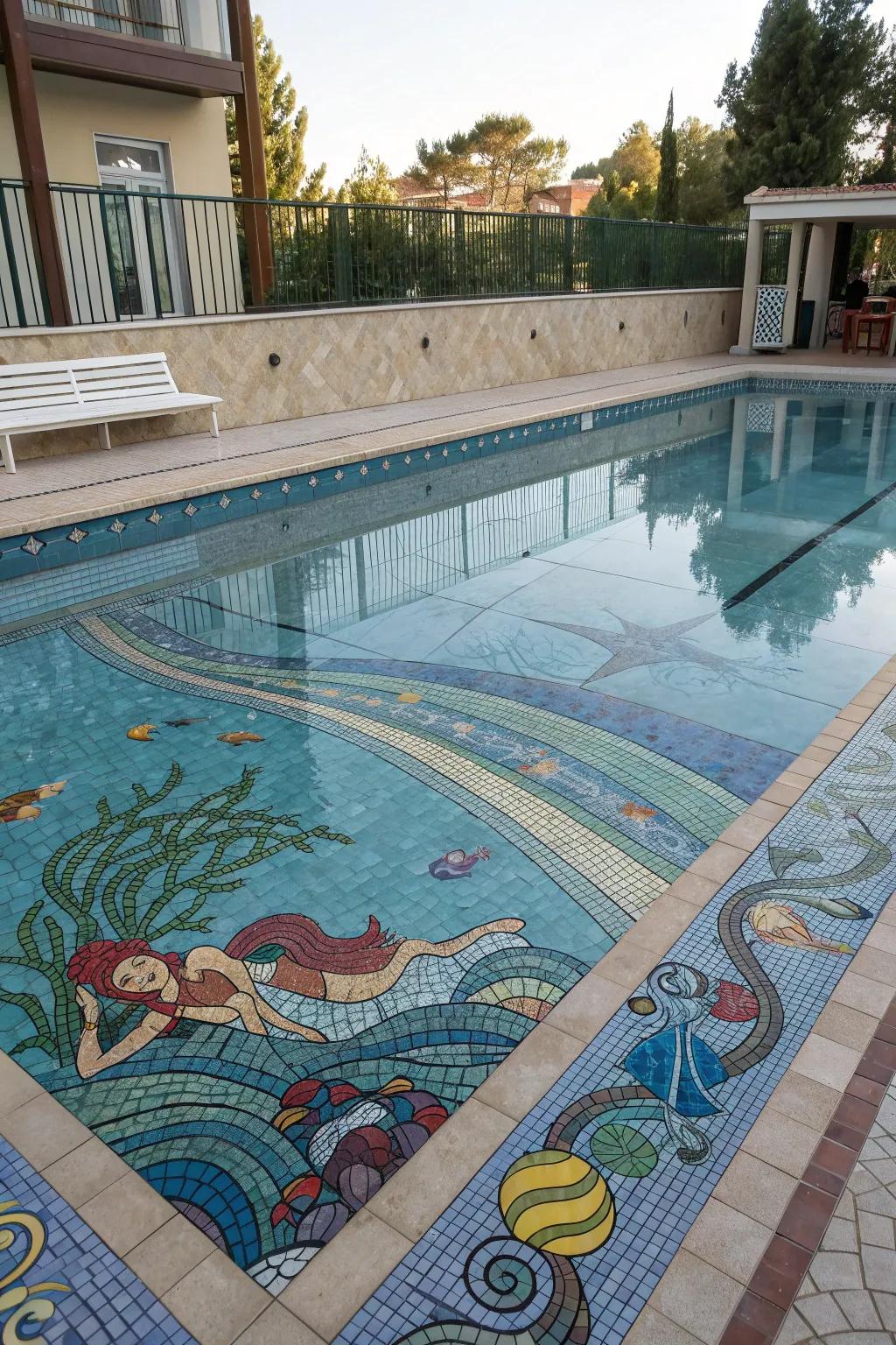 A pool with artistic mosaic designs that create a narrative.