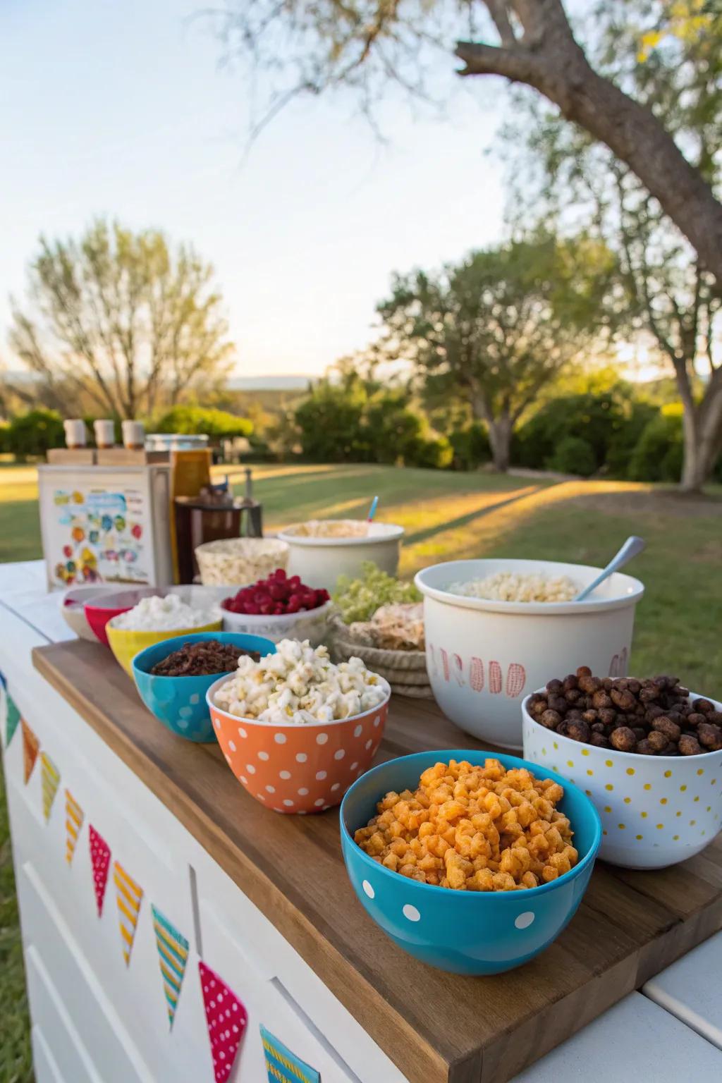 Customizable popcorn for every taste at the DIY popcorn bar.