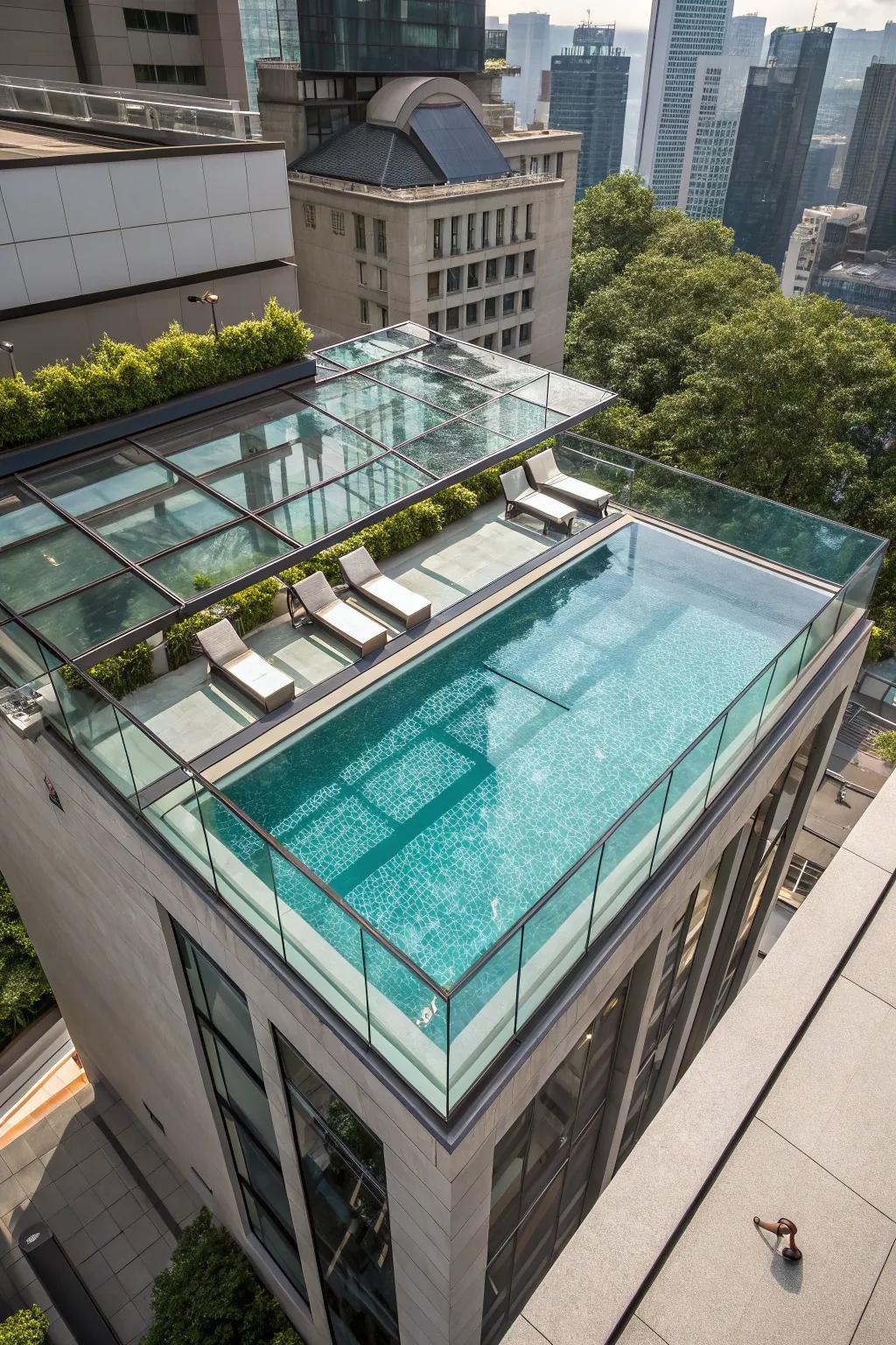 A rooftop pool with an impressive glass bottom feature.