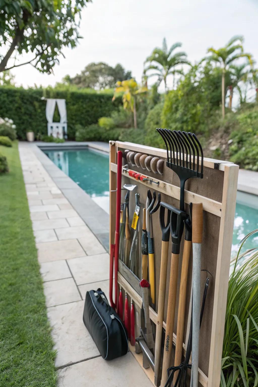 A garden tool organizer keeps pool maintenance tools orderly and accessible.