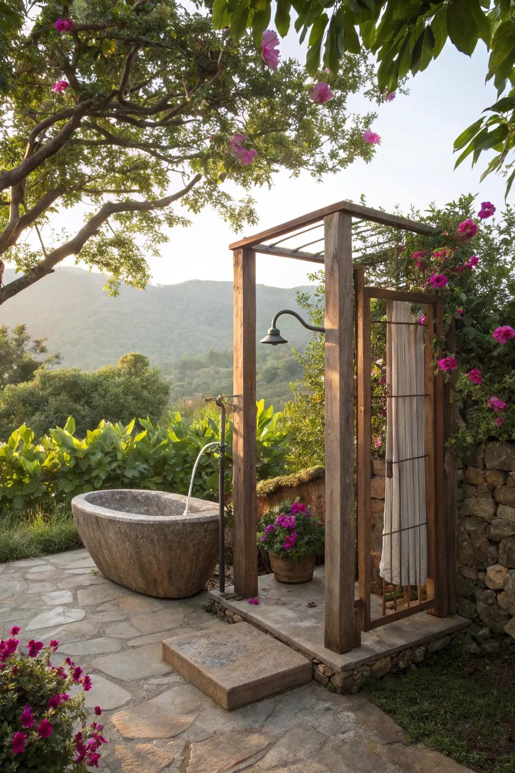 Elegant freestanding shower offering flexibility and style.