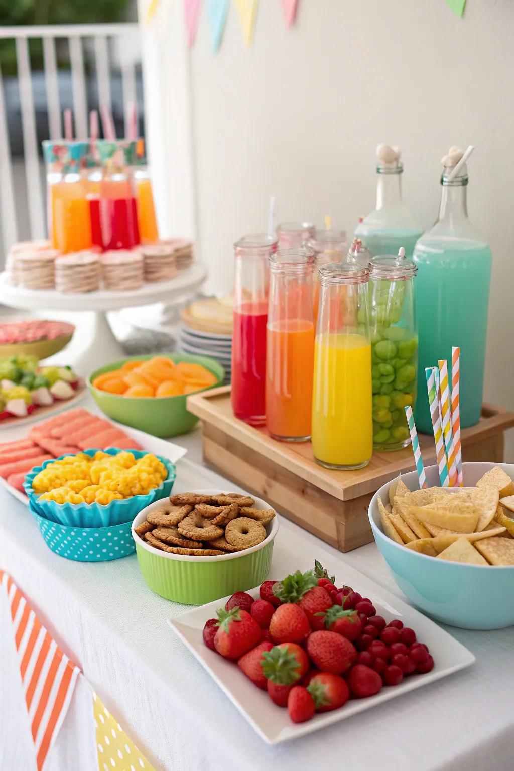 A themed refreshment table with colorful drinks and snacks, ready to delight.
