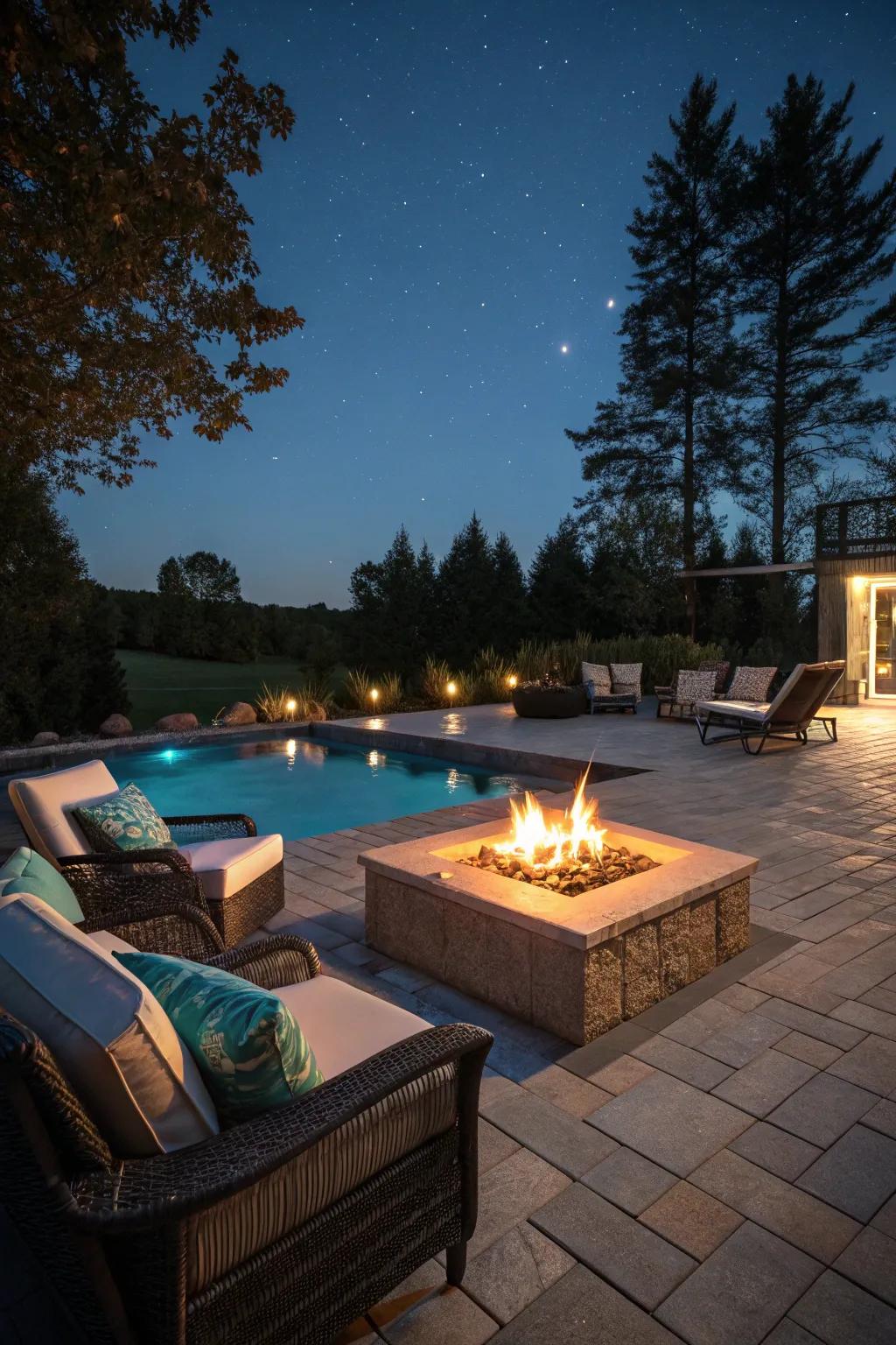 A fire pit creates a cozy, inviting poolside gathering place.