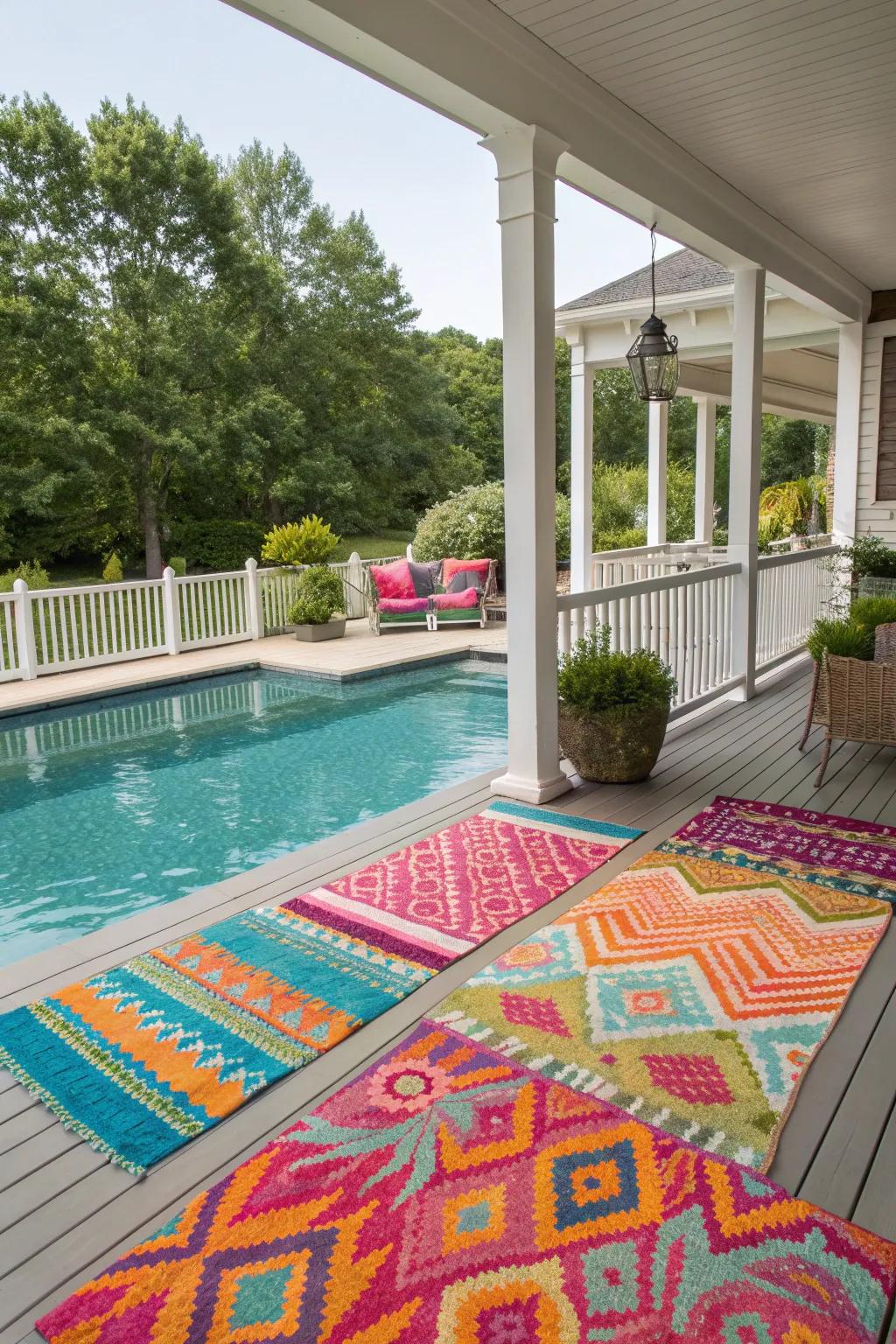 A colorful outdoor rug bringing warmth to a poolside porch.