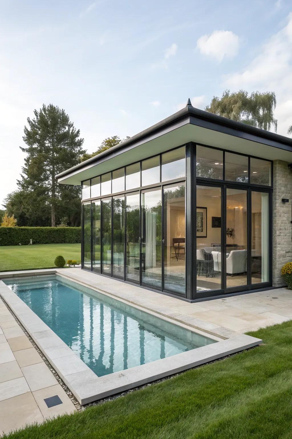 A modern pool pump house with stylish glass panels.