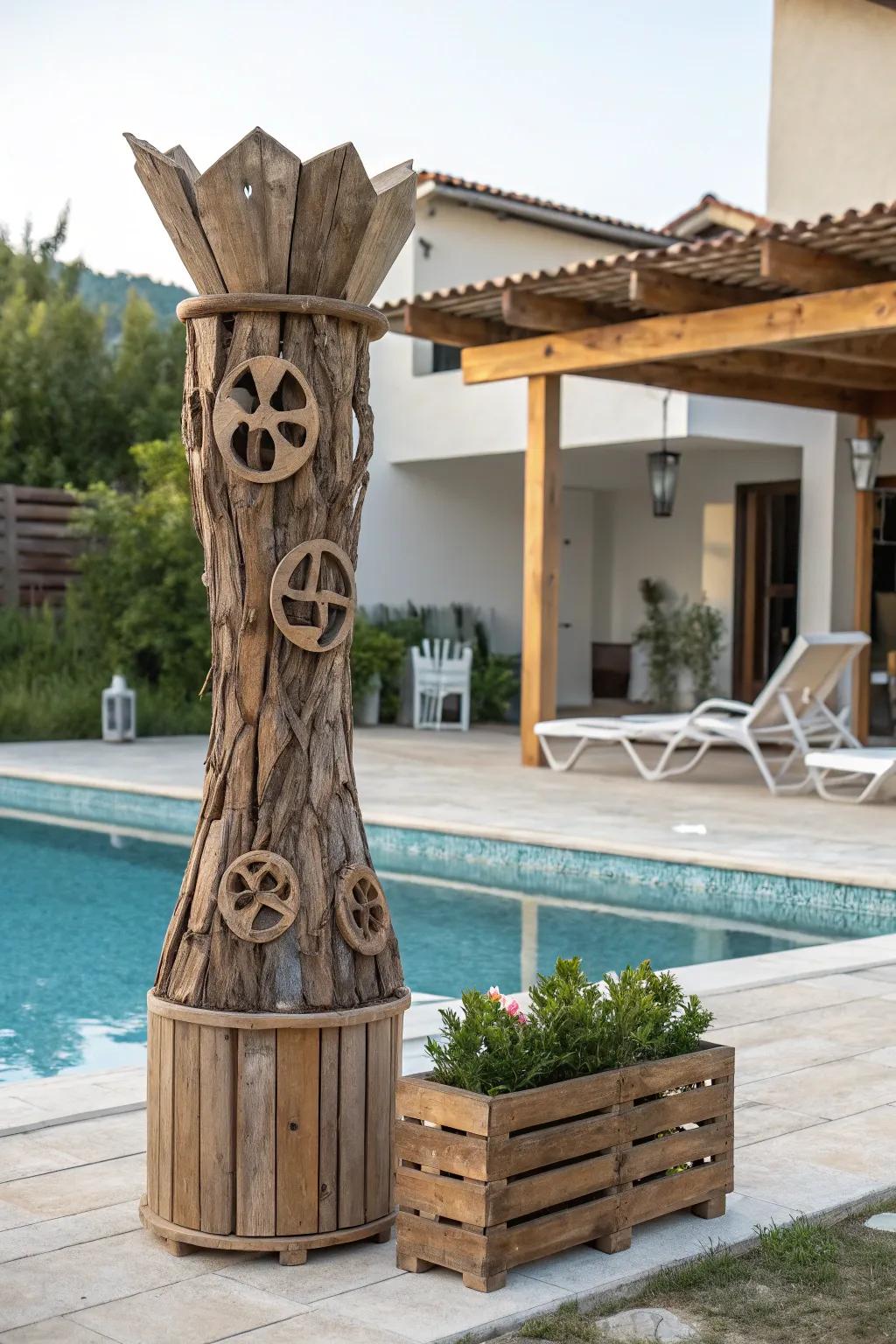 A recycled wooden sculpture enhances the eco-friendly pool setting.