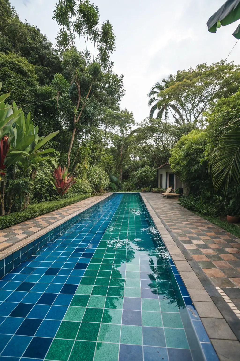 Pool with bold colored tiles.