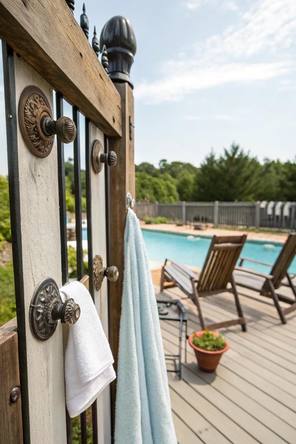 Give your poolside character with vintage door knob hooks.
