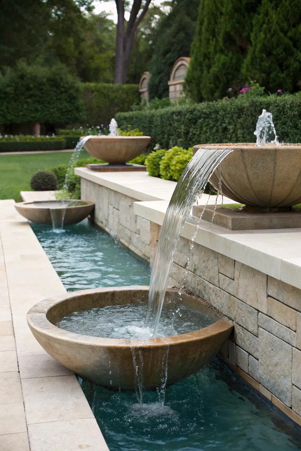 Water bowls add elegance with cascading water effects.