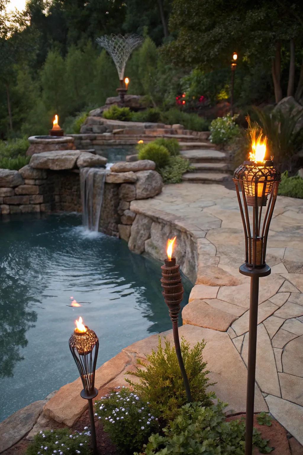 Torch lighting adds rustic charm to your poolside.