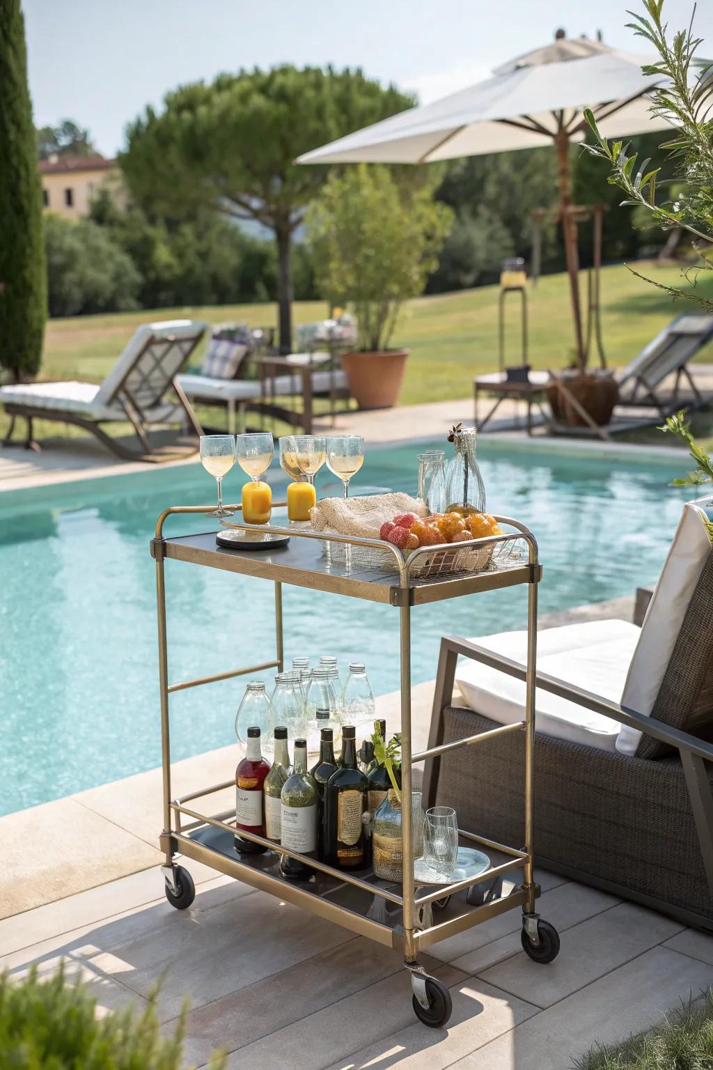 A bar cart makes entertaining by the pool a breeze.