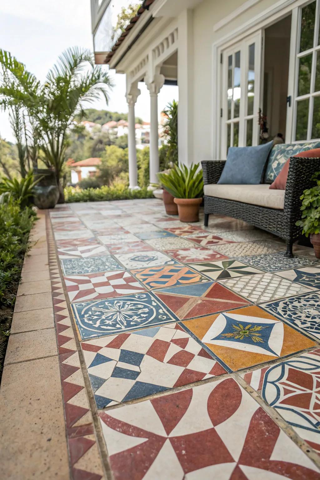Bold patterns on porcelain tiles adding character to the patio.