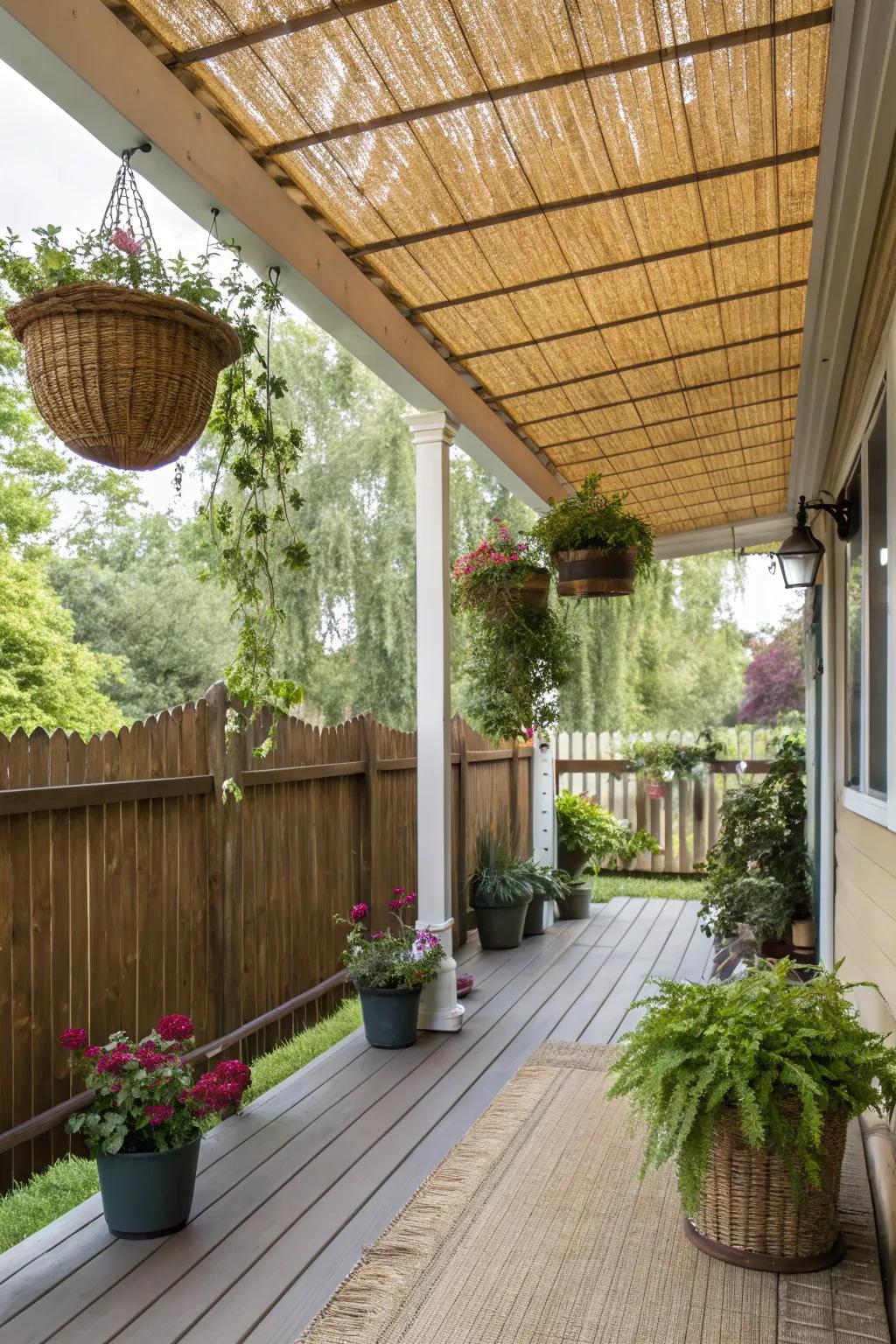 Eco-friendly style with a bamboo weave canopy.