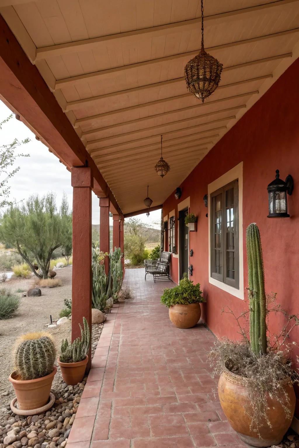 Muted earth red ceilings add a warm, southwestern flair.