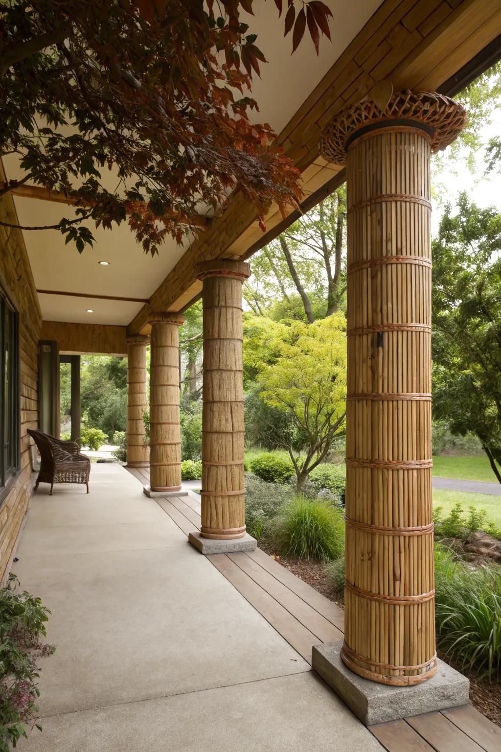 Bamboo wraps offer an eco-friendly and natural look to porch columns.