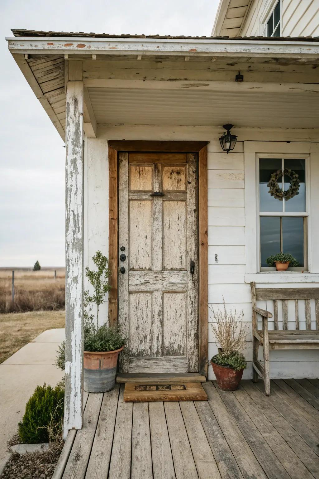 A rustic farmhouse porch door exudes cozy countryside charm.