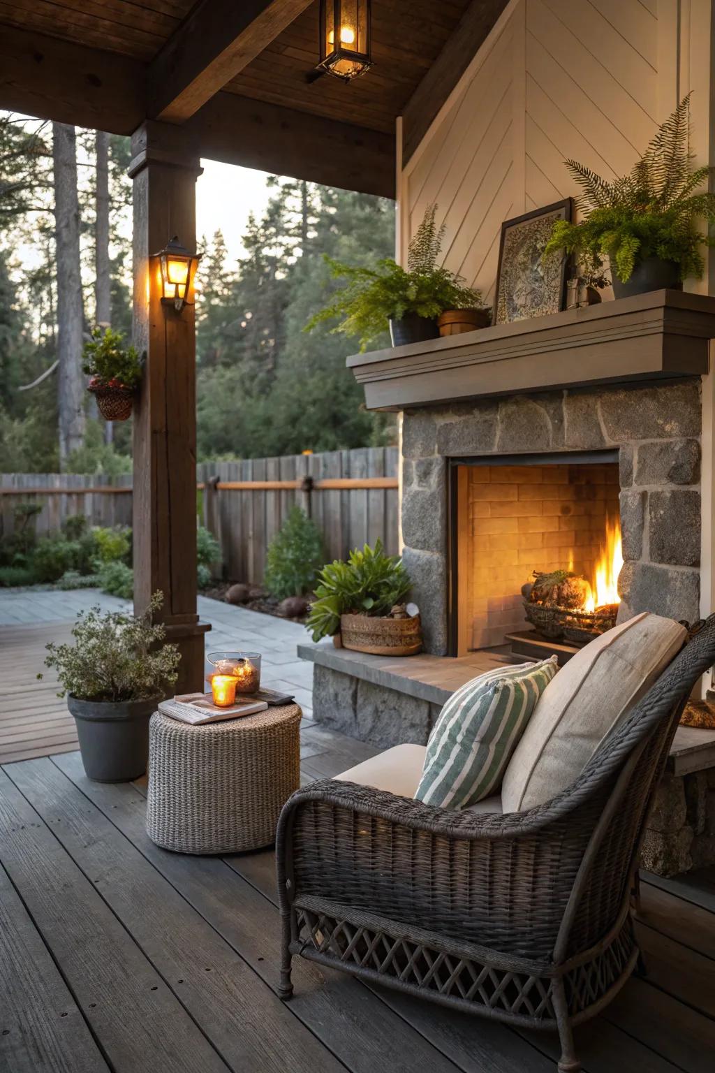 Create an intimate corner nook with a cozy fireplace.