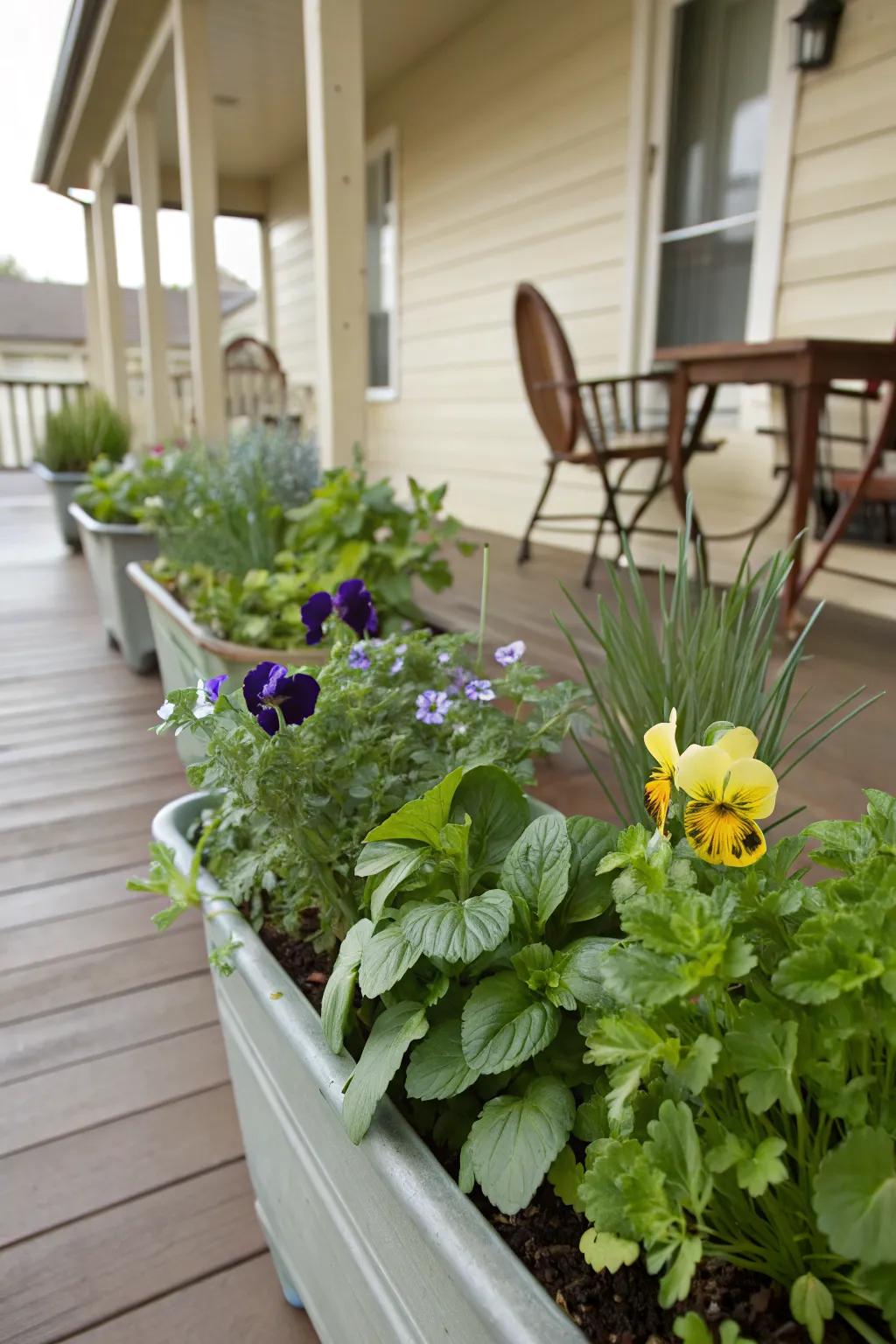 Edible flowers and herbs add functionality and fragrance to your porch.