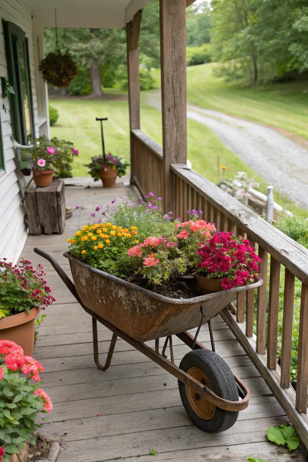 A whimsical wheelbarrow repurposed as a flower pot on the porch.