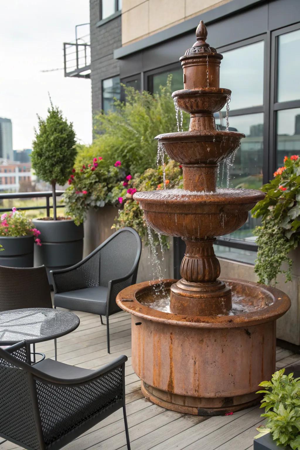 A copper spill fountain brings industrial chic to your porch.
