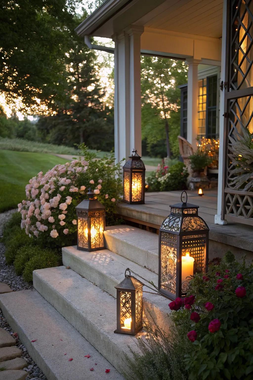 Decorative lanterns add charm and a cozy glow to the porch.