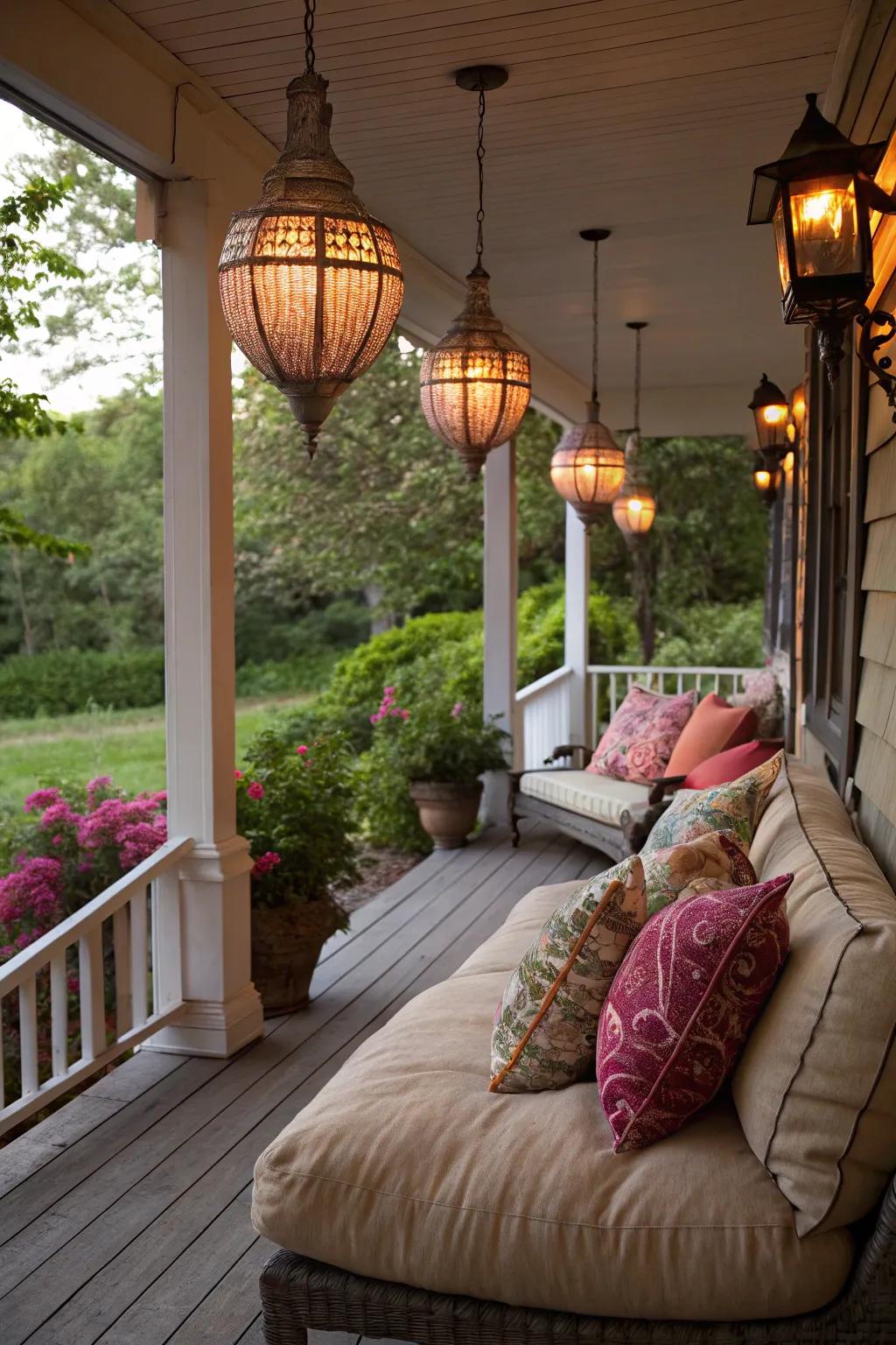 Create a cozy nook with lanterns and cushions.