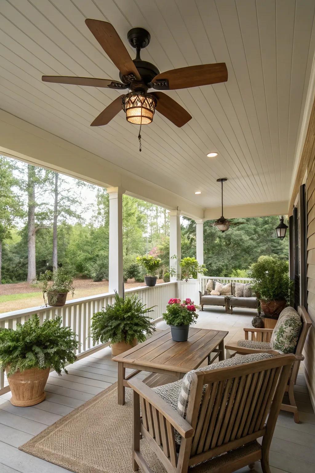 A ceiling fan ensures comfort on warm days.