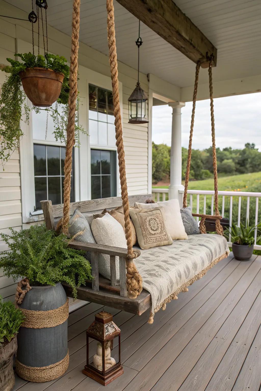 Rope accents add a rustic, nautical feel to a porch swing.