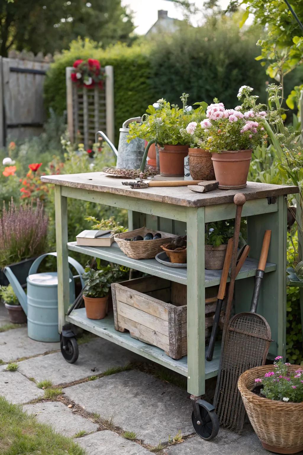 A mobile potting bench that adapts to changing garden needs.