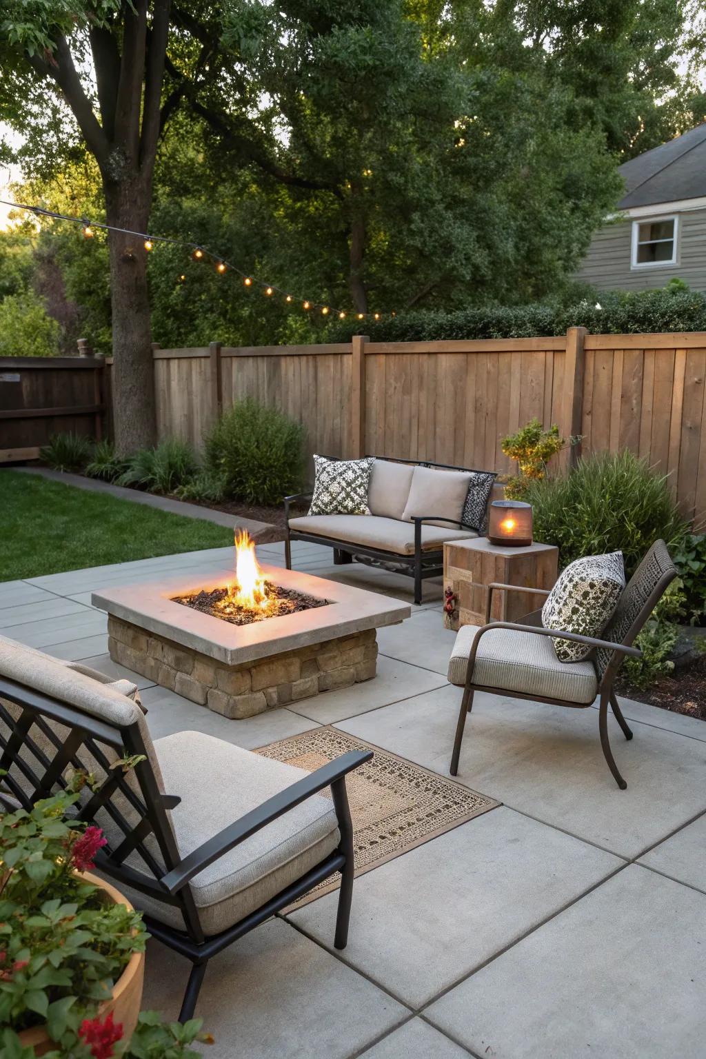A portable fire pit offers flexibility in patio design.