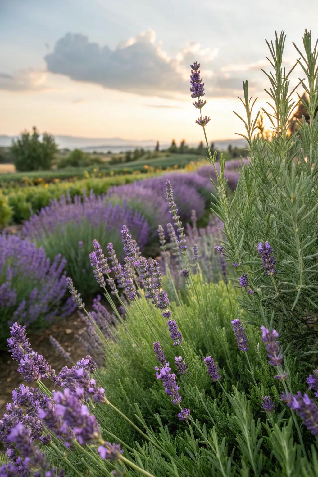A herb garden featuring fragrant lavender and rosemary plants.