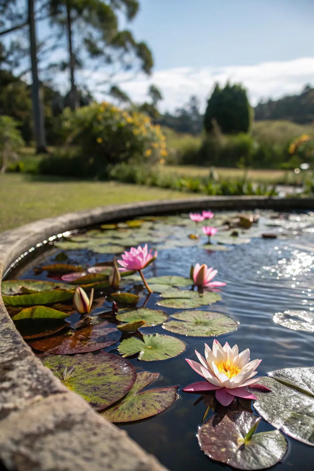 A preformed pond enriched with diverse floating plants.