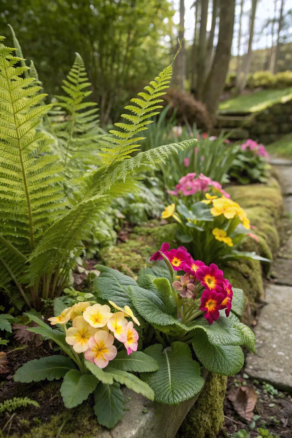 A lush pairing of primroses and ferns adds depth to the garden.