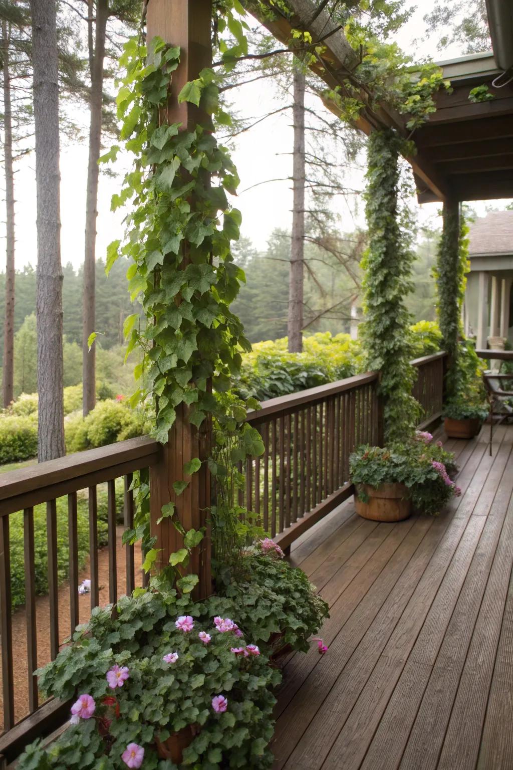 Vine-covered railings create an evolving and natural privacy screen.