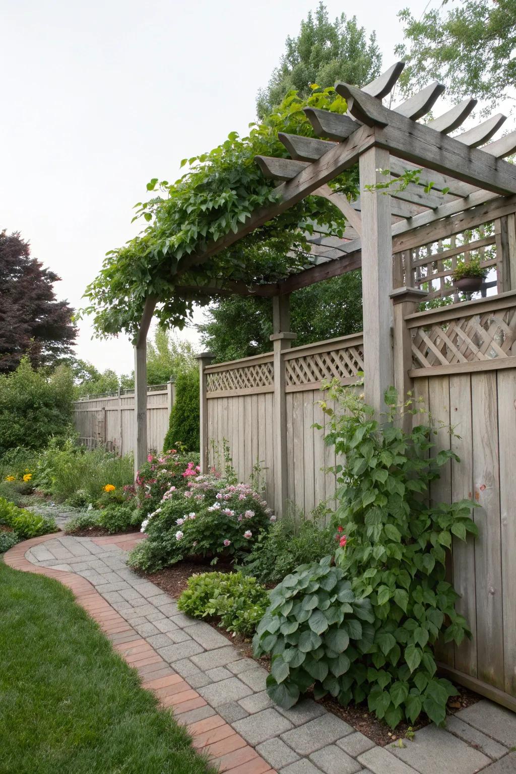 Pergola integration offering shade and privacy.