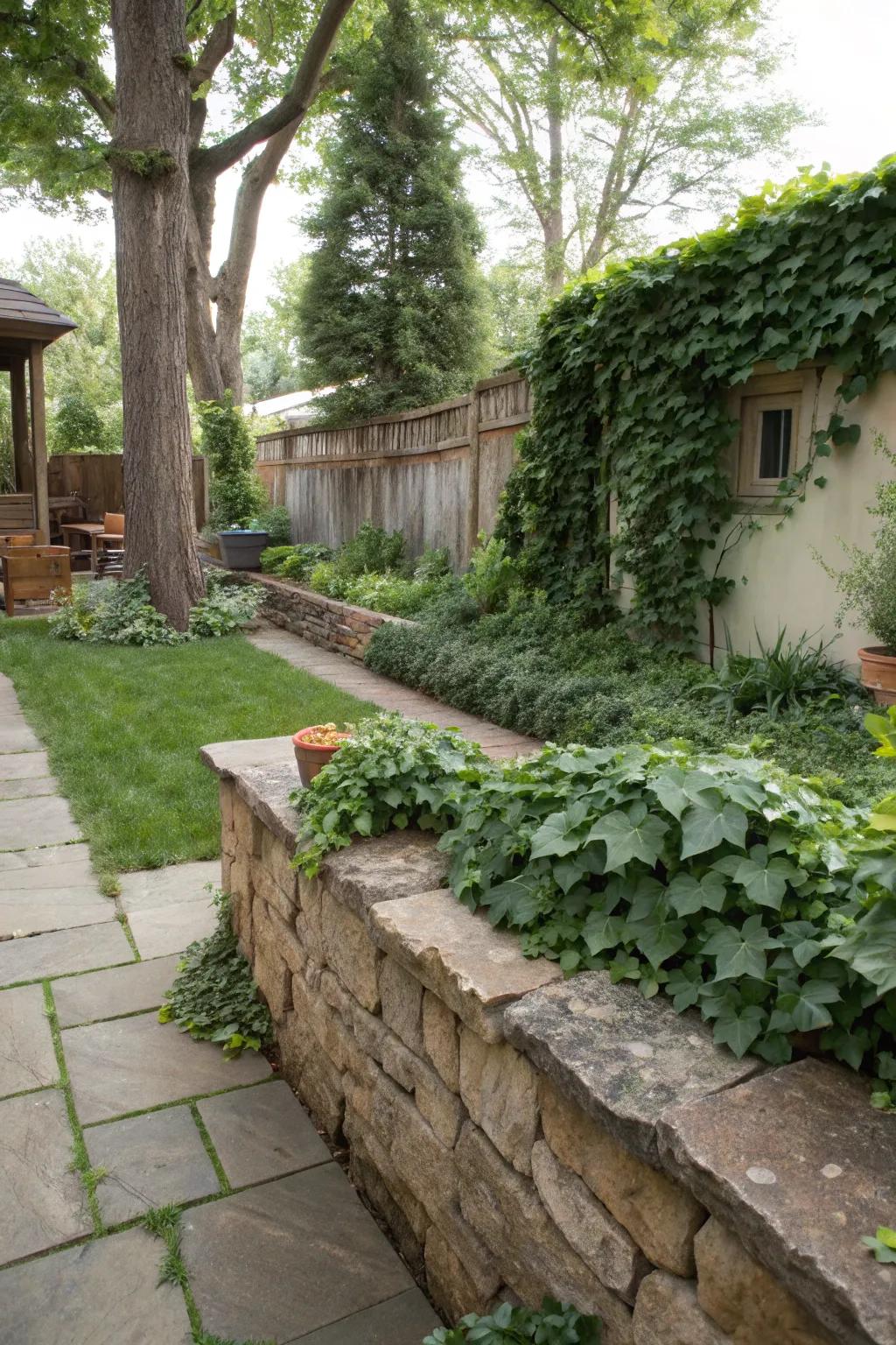 Rustic stone wall offering privacy and character.