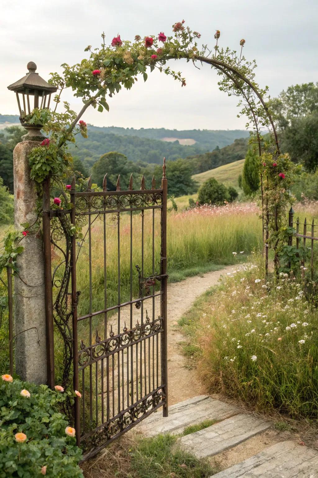A rustic wrought iron fence with a distressed finish for natural charm.