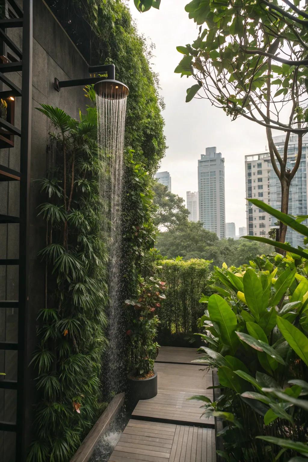Urban jungle style with greenery and vertical gardens for a lush shower setting.