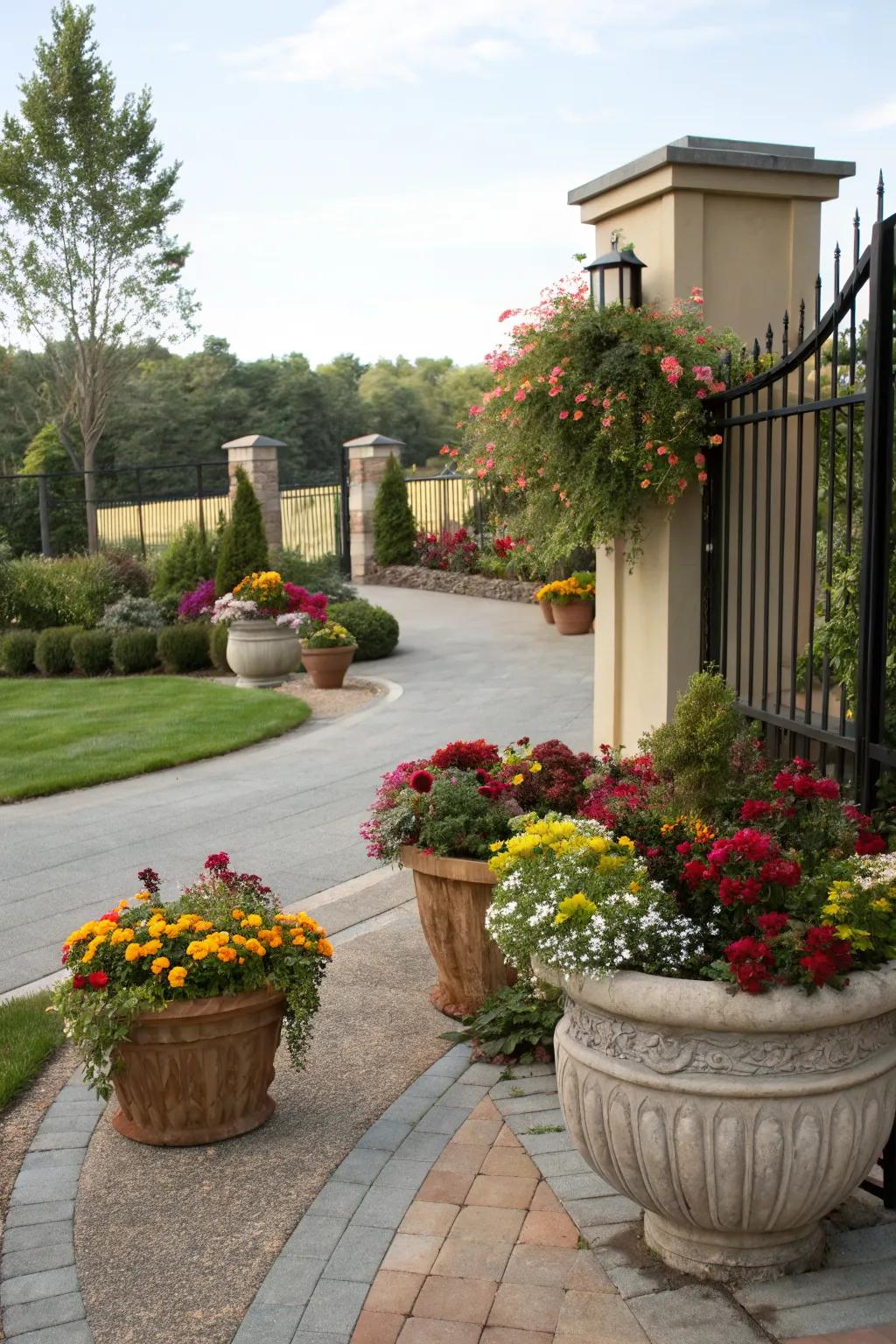 Seasonal flowers keep the entrance vibrant and ever-changing.