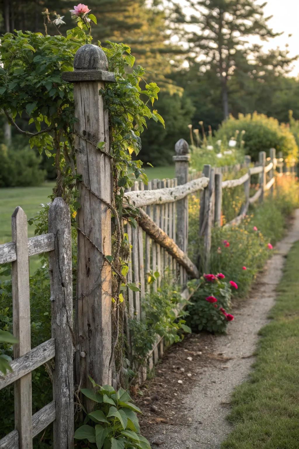 Charming fence crafted from reclaimed wood for rustic appeal.