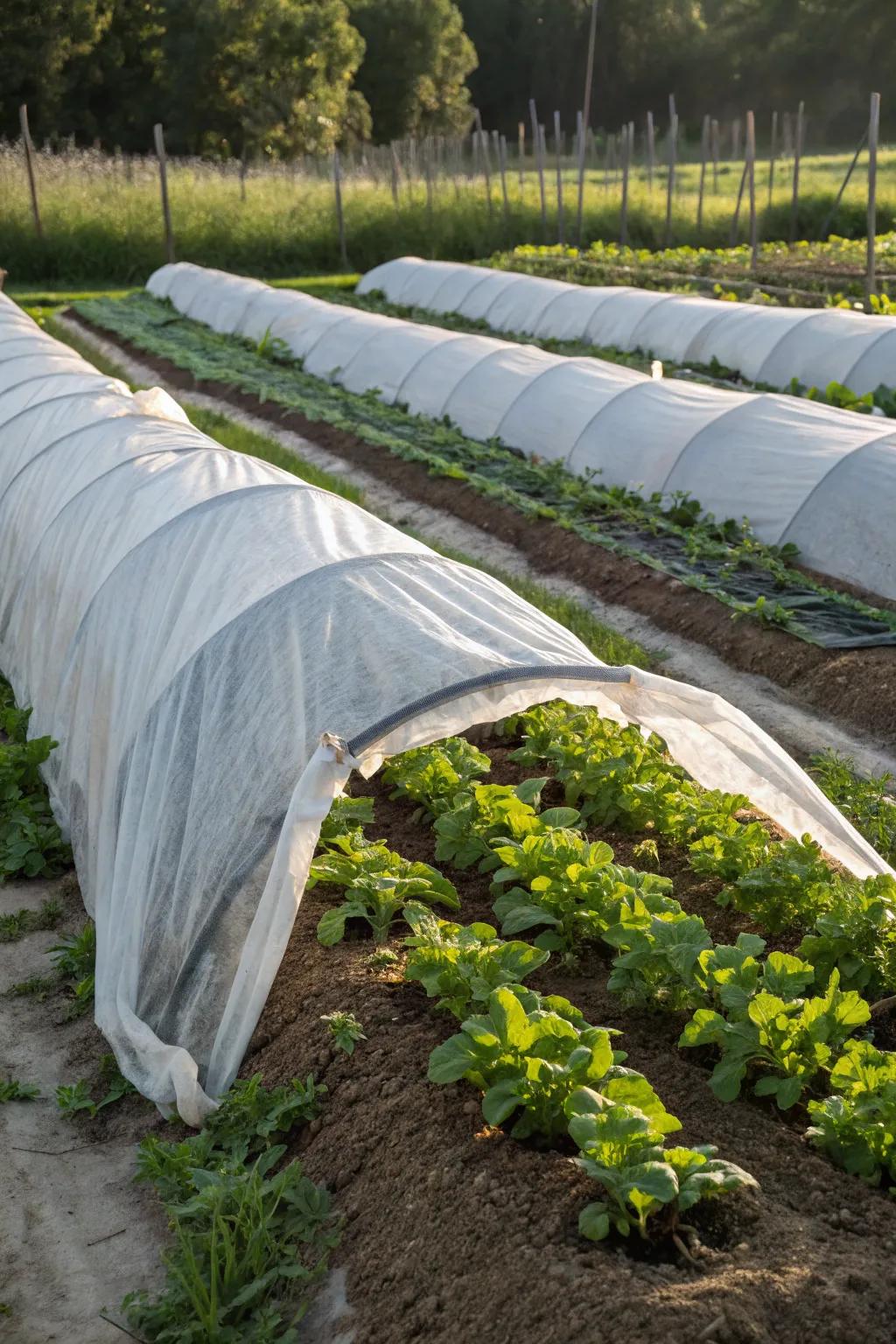 Row covers providing warmth and protection for garden plants.