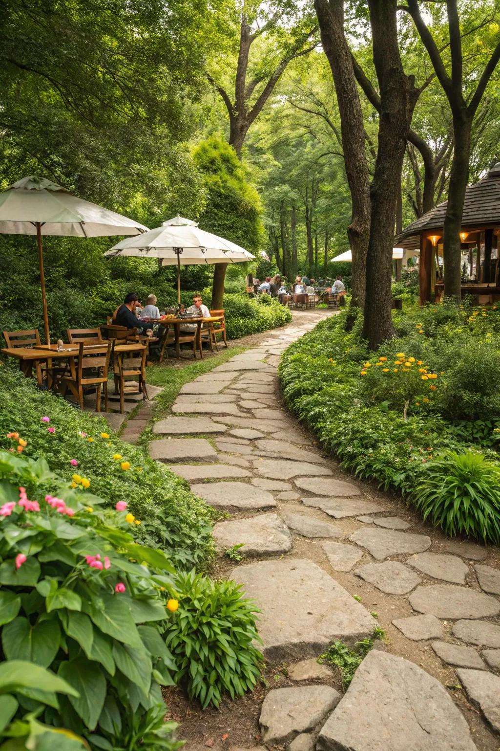 Natural stone paths add rustic charm and guide guests through your garden.