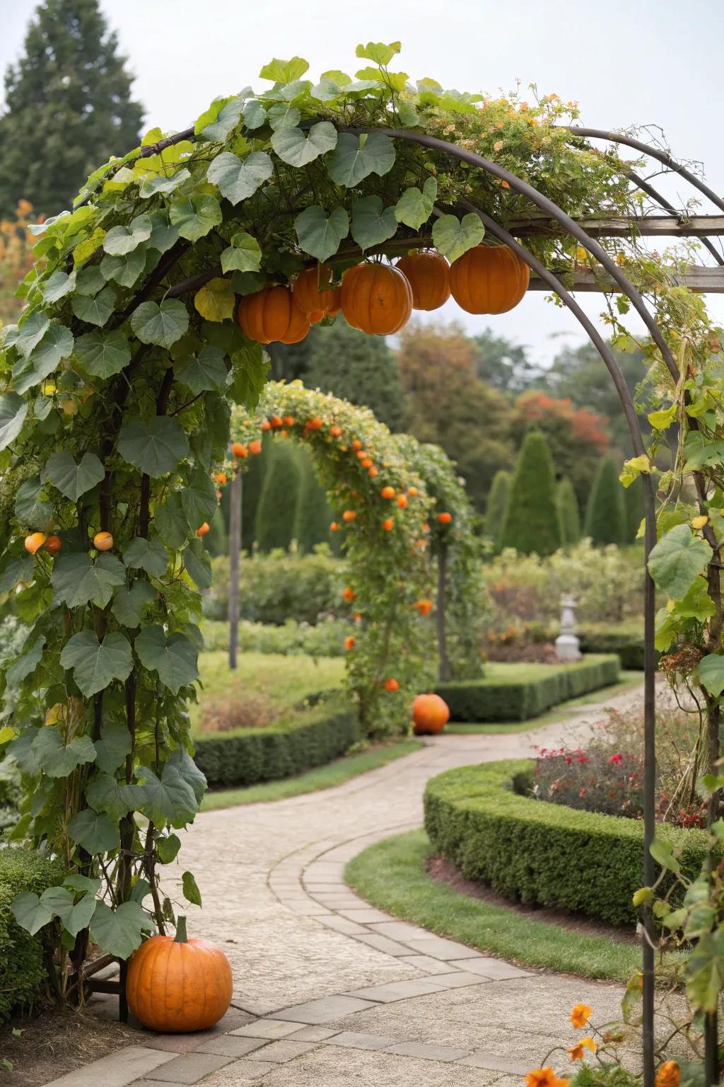 A stunning pumpkin archway creating an inviting entrance to the garden.