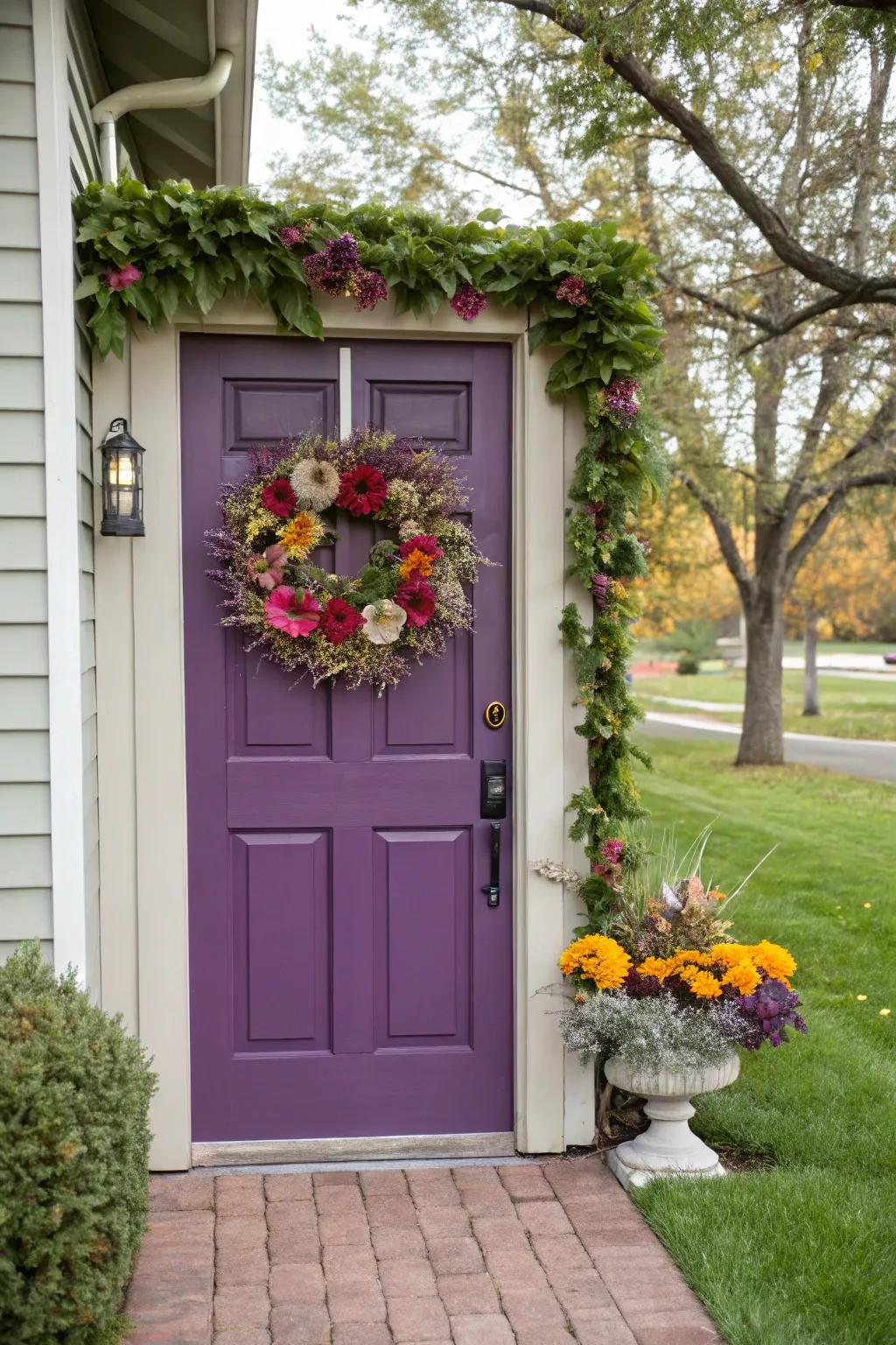 Whimsical wreaths add a personalized touch to your purple door.